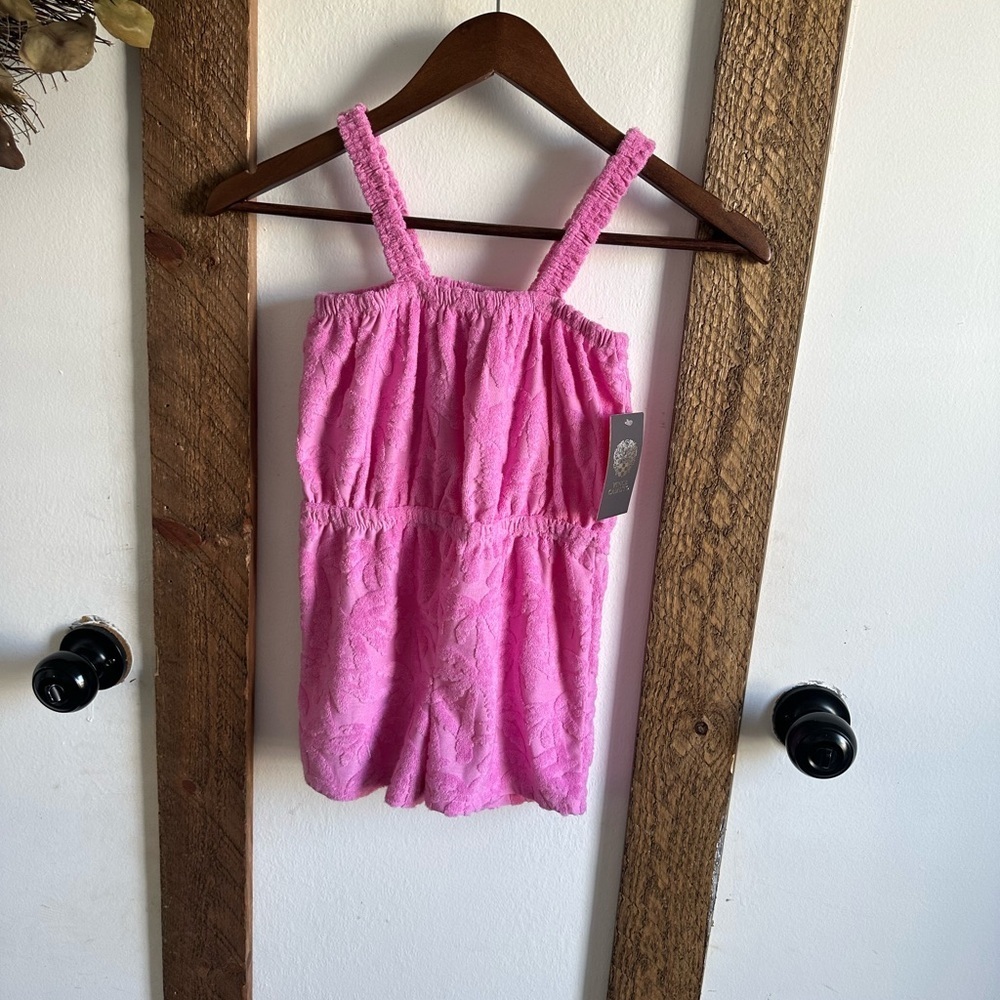 New Vince Camuto Girls Size 7 Terry Cloth Palm Tree Print Romper Hot Pink